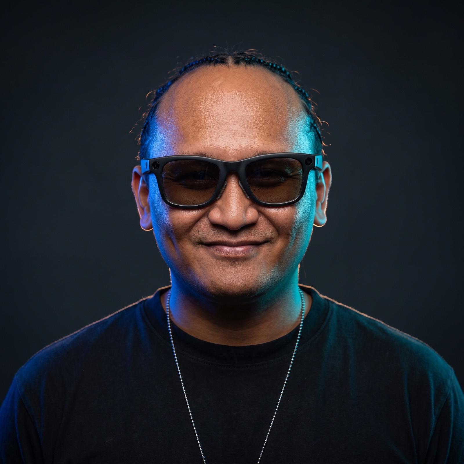 Neo Todak smiling in sunglasses at a temple in Bali.