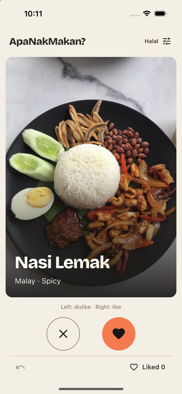 The current ApaNakMakan swipe screen, showing nasi lemak, like and dislike controls, and saved dishes.