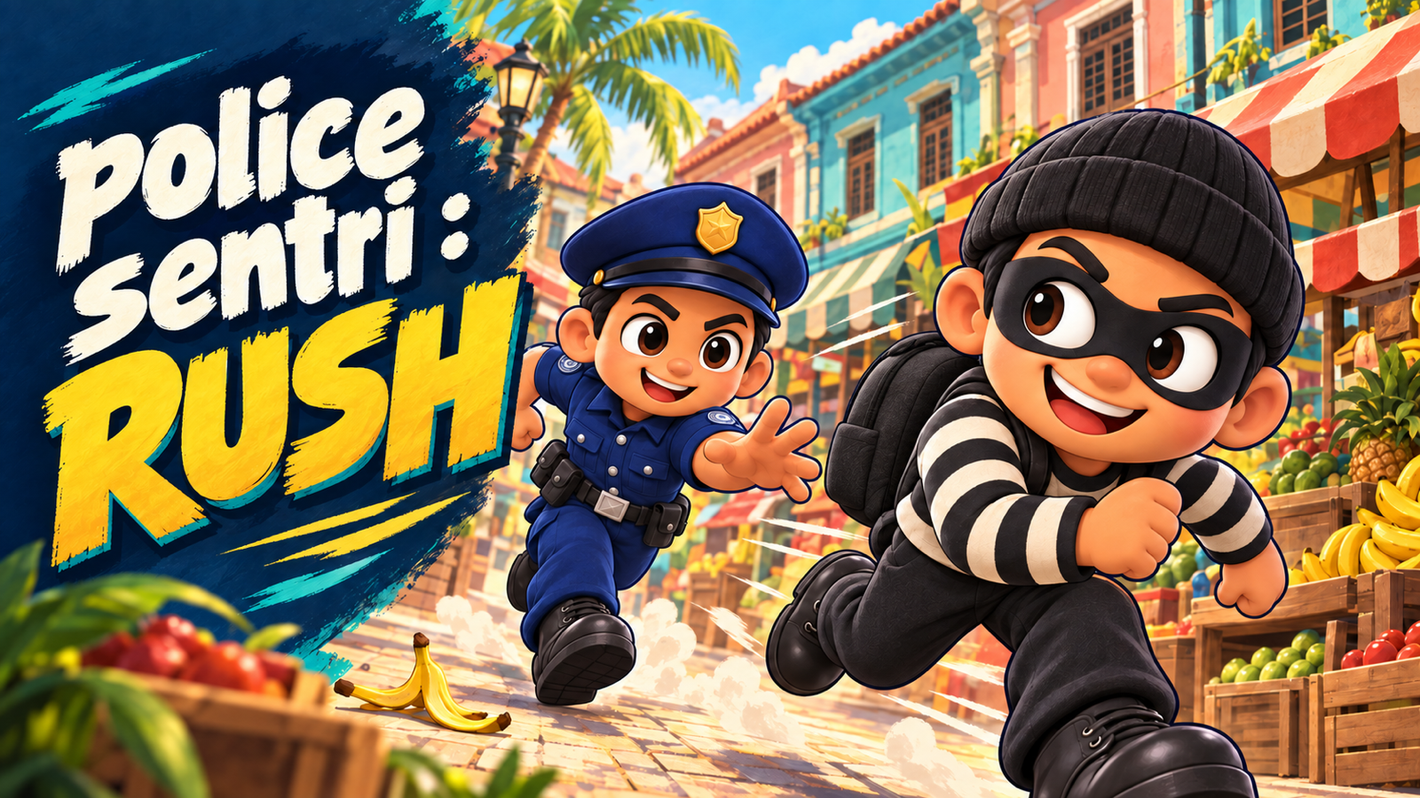 Promotional illustration of a police officer chasing a robber through a colourful Malaysian market.